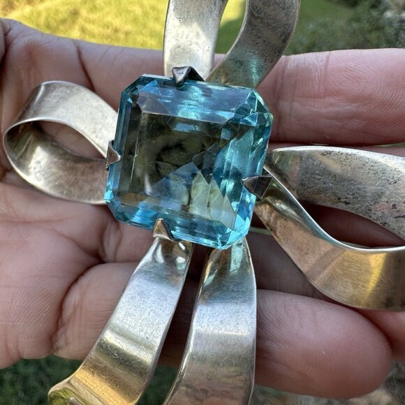 VTG Sterling Silver Ribbon Blue Aqua Glass Stone Brooch MCM 4" Retro 29.4g - Picture 7 of 7